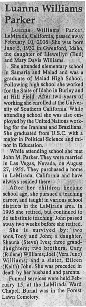 Luanna Wiliams Parker obit
