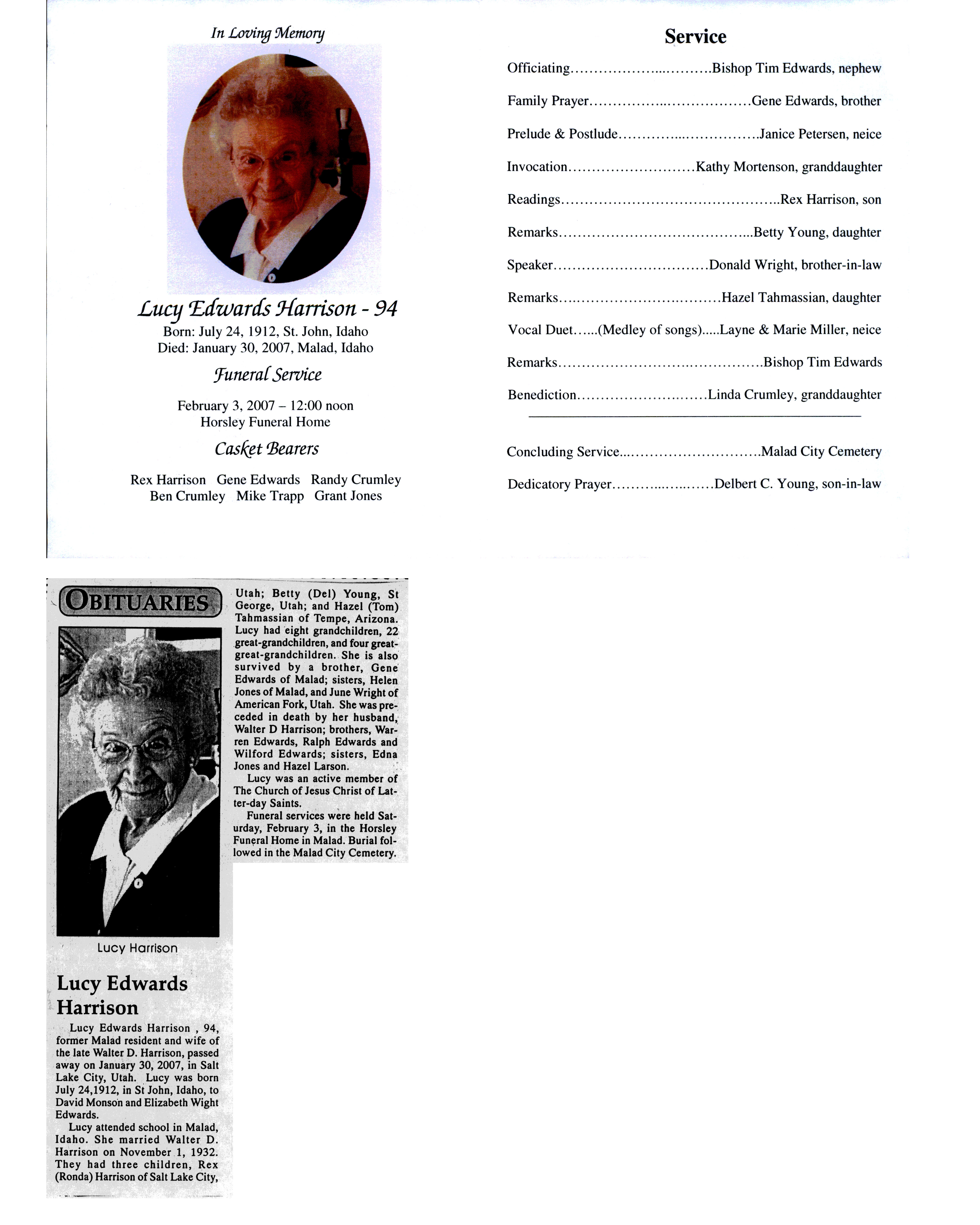 Lucy Edwards Harrison obit and program