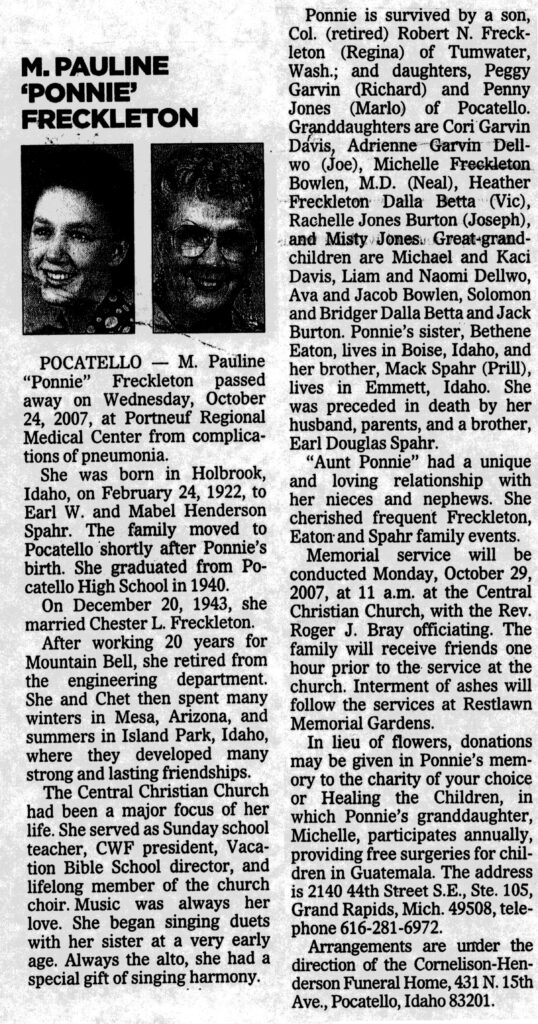 M Pauline (Ponnie) Freckleton obit