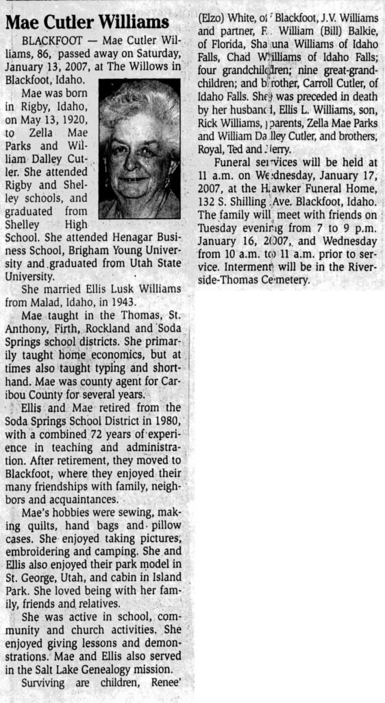 Mae Cutler Williams obit