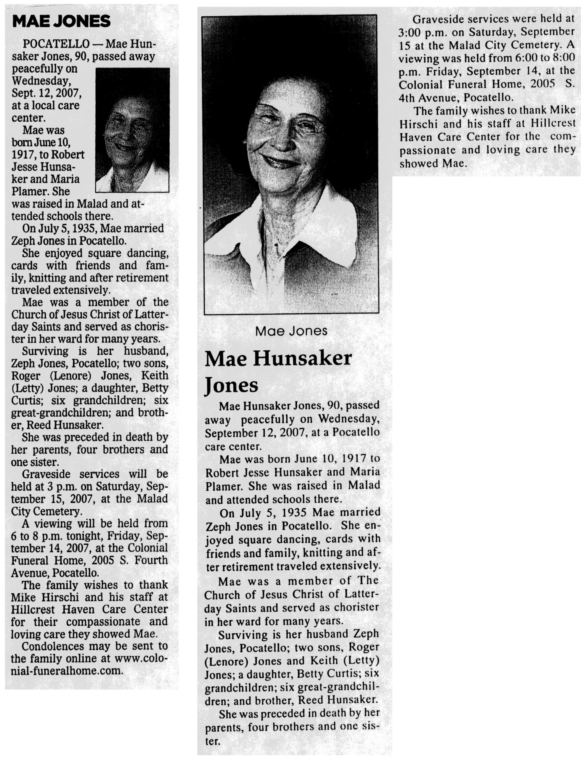 Mae Hunsaker Jones obit