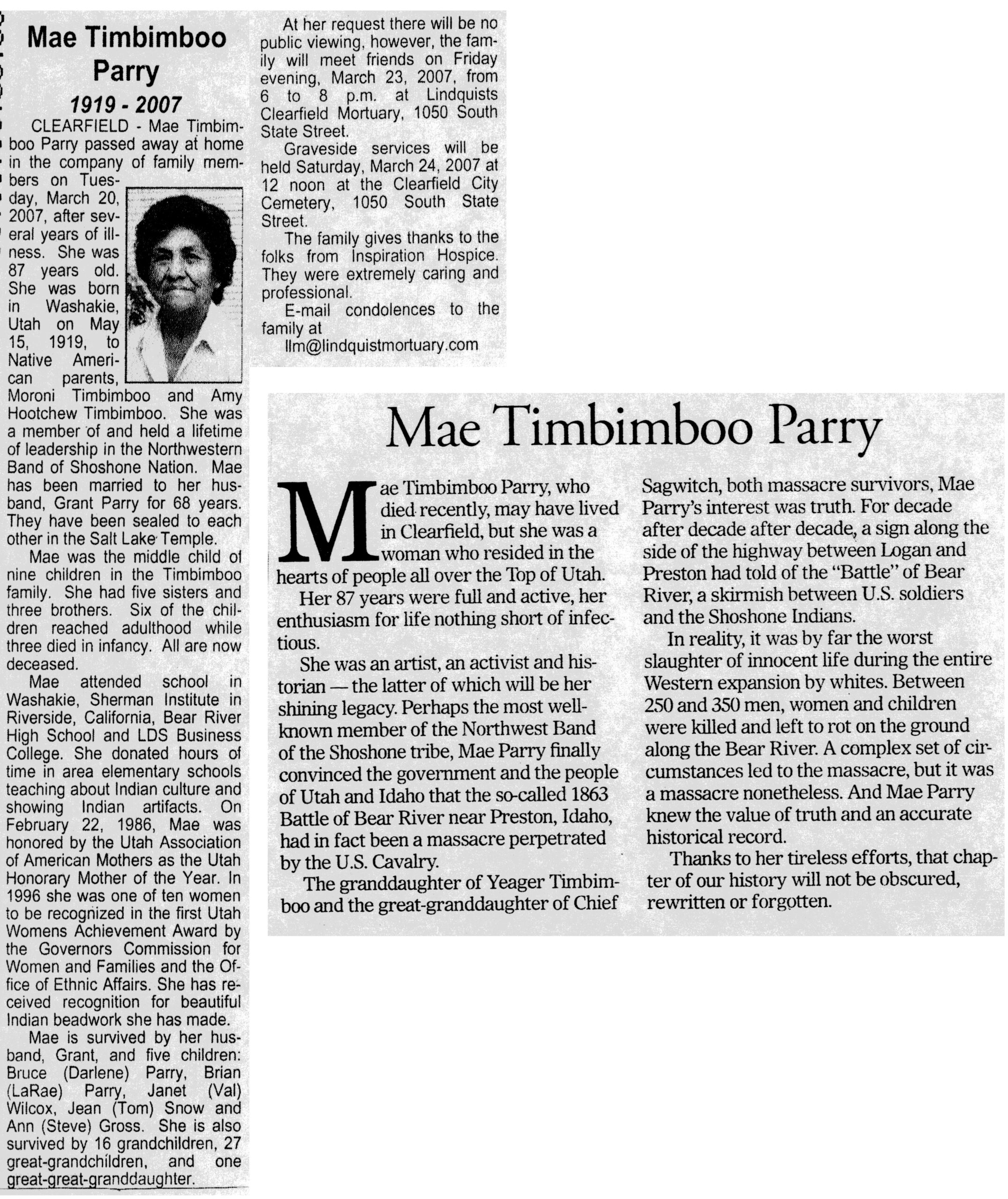 Mae Timbimboo Parry obit