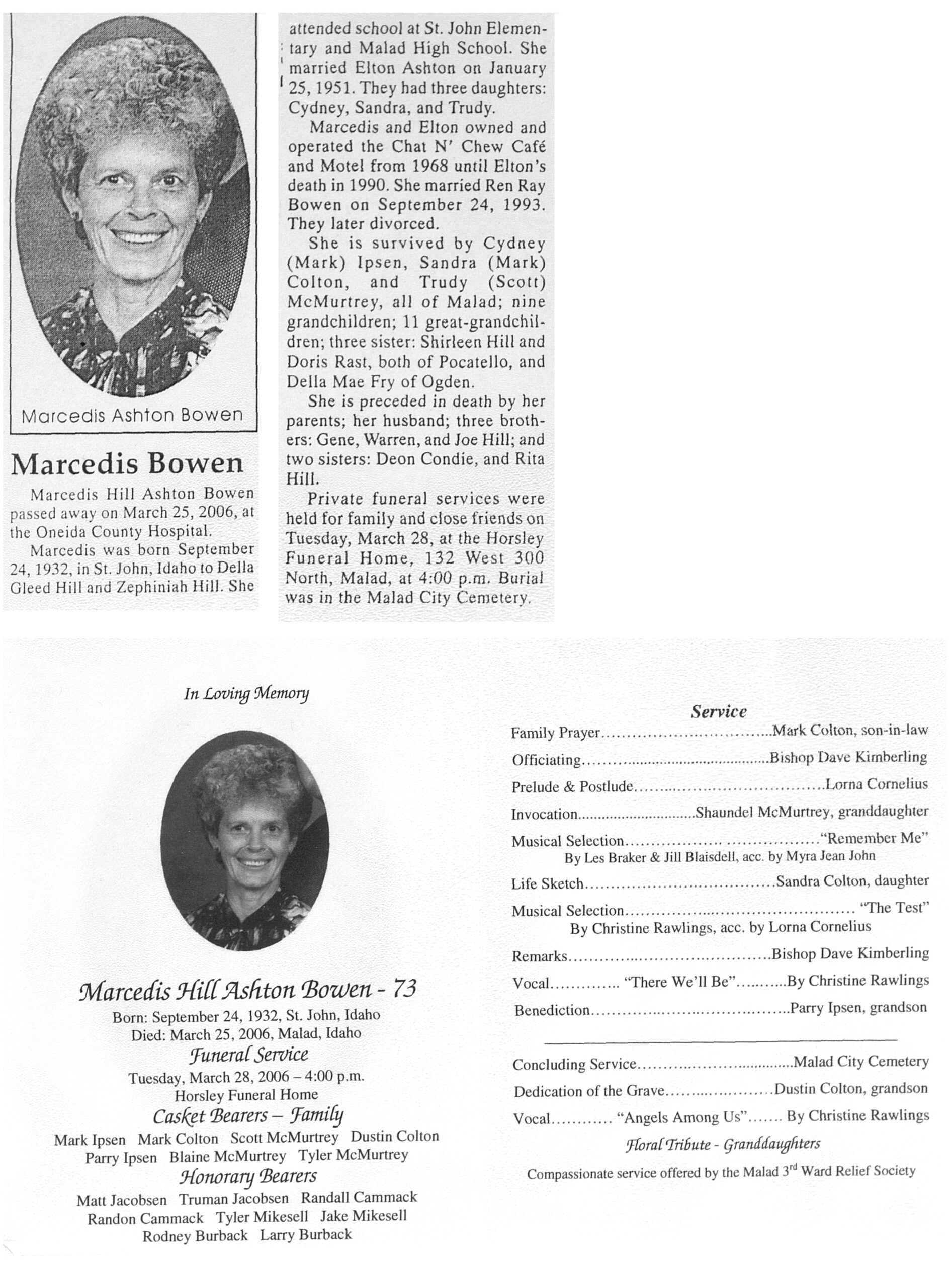 Marcedis Hill Ashton Bowen obit and program