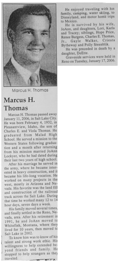 Marcus H Thomas obit