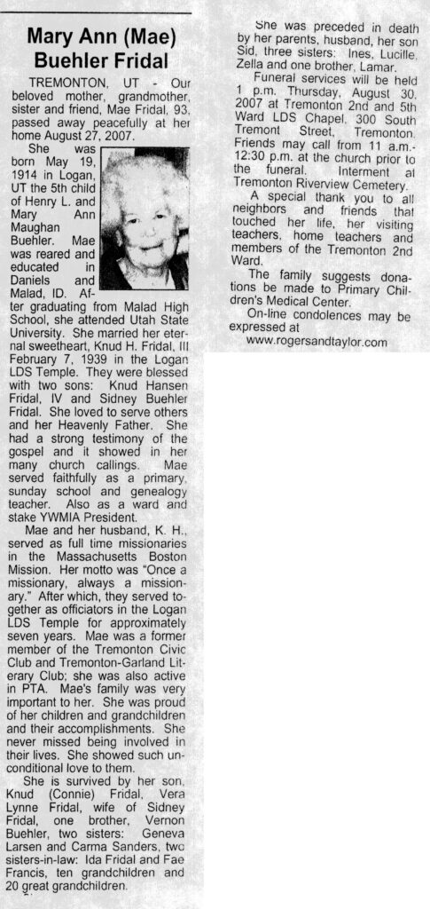 Mary Ann (Mae) Buehler Fridal obit