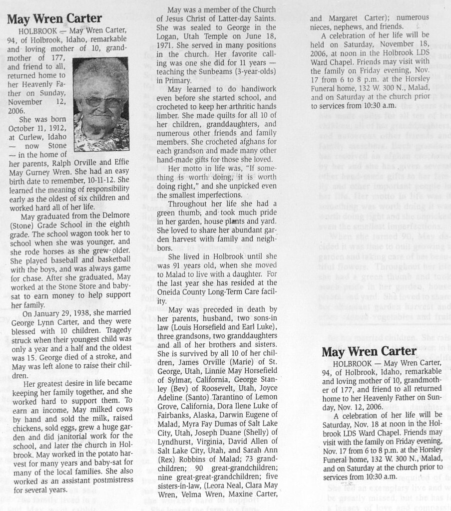 May Wren Carter obit