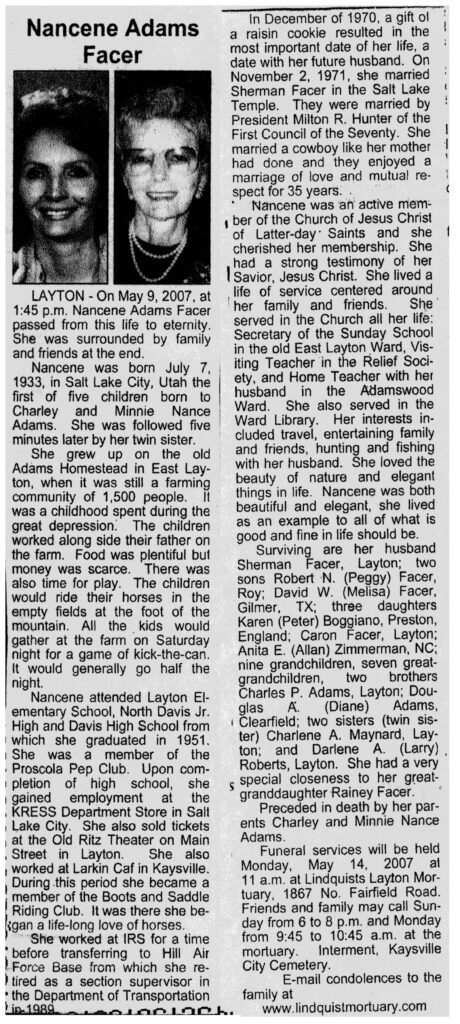 Nancene Adams Facer obit