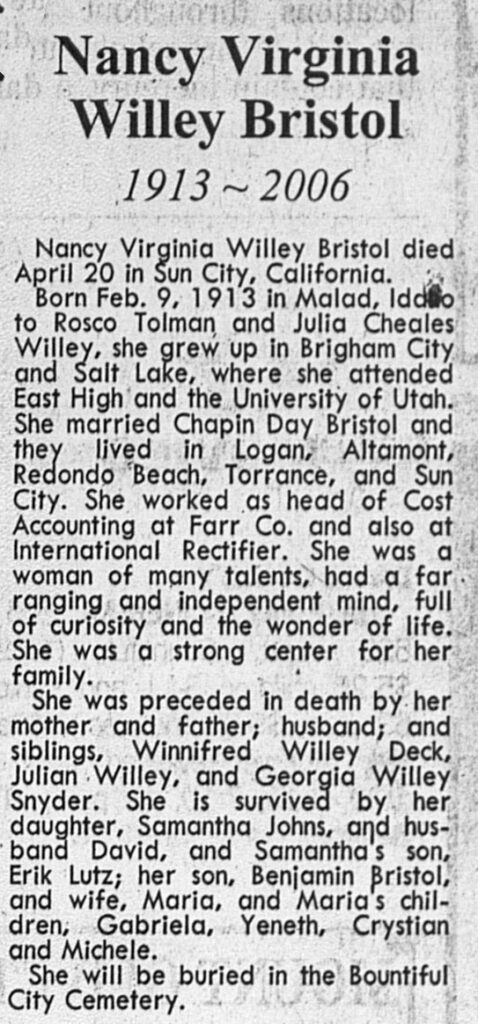 Nancy Virginia Willey Bristol obit