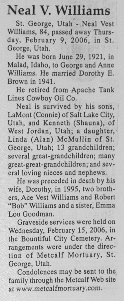 Neal Vest Williams obit