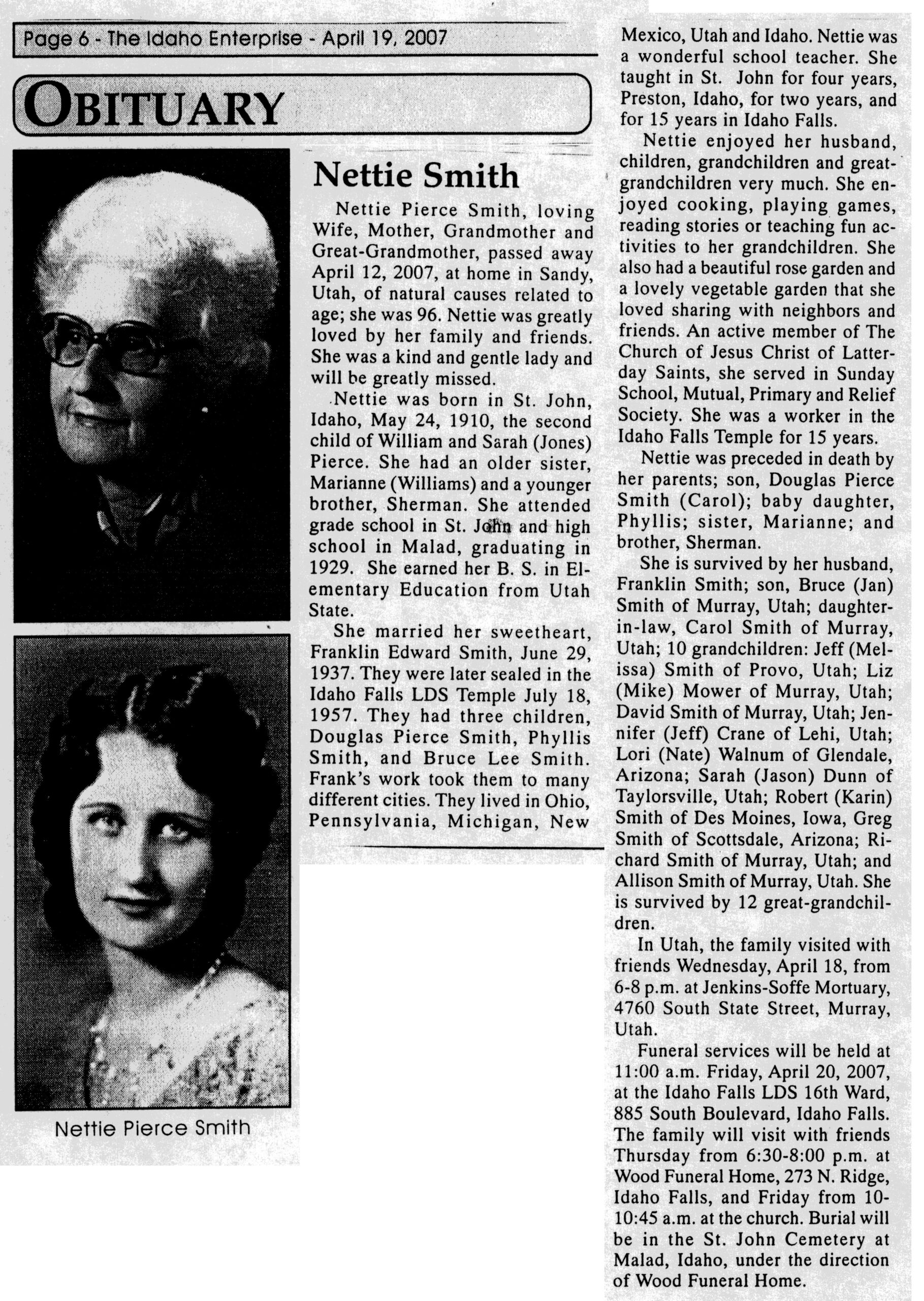 Nettie Pierce Smith obit