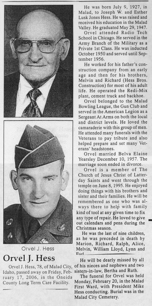 Orvel J Hess obit
