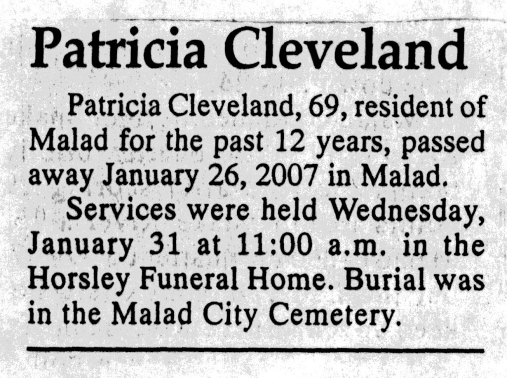 Patricia Cleveland funeral notice
