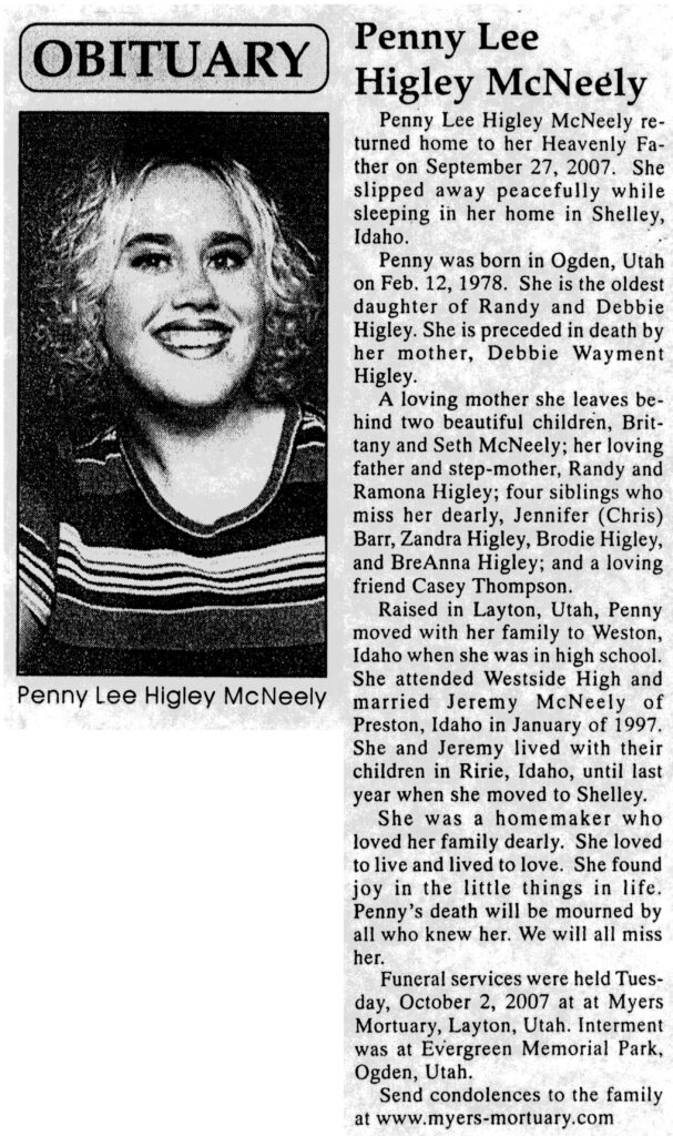 Penny Lee Higley McNeely obit
