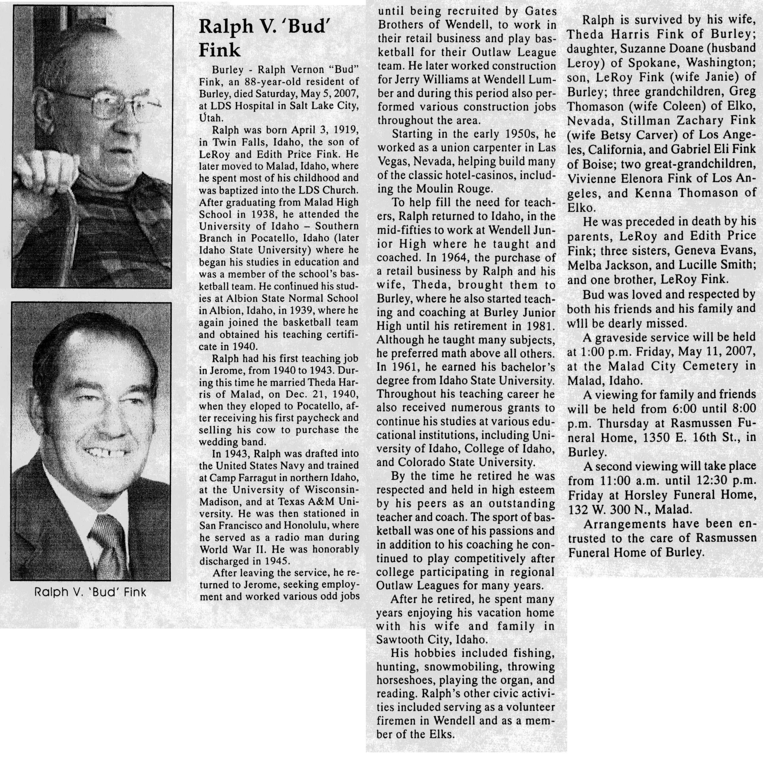 Ralph Vernon (Bud) Fink obit