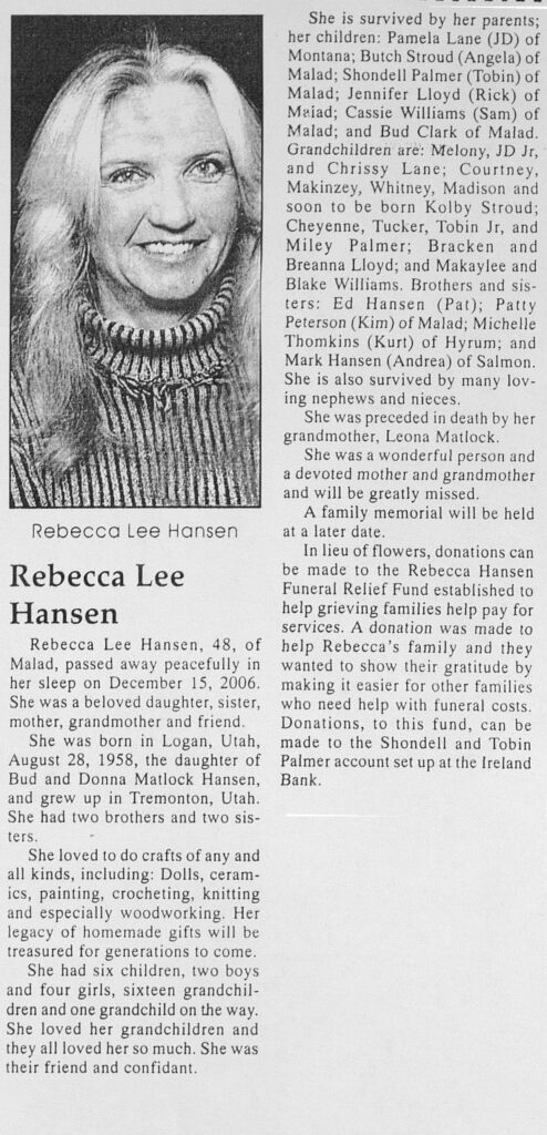 Rebecca Lee Hansen obit