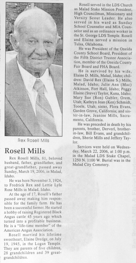 Rex Rosell Mills obit