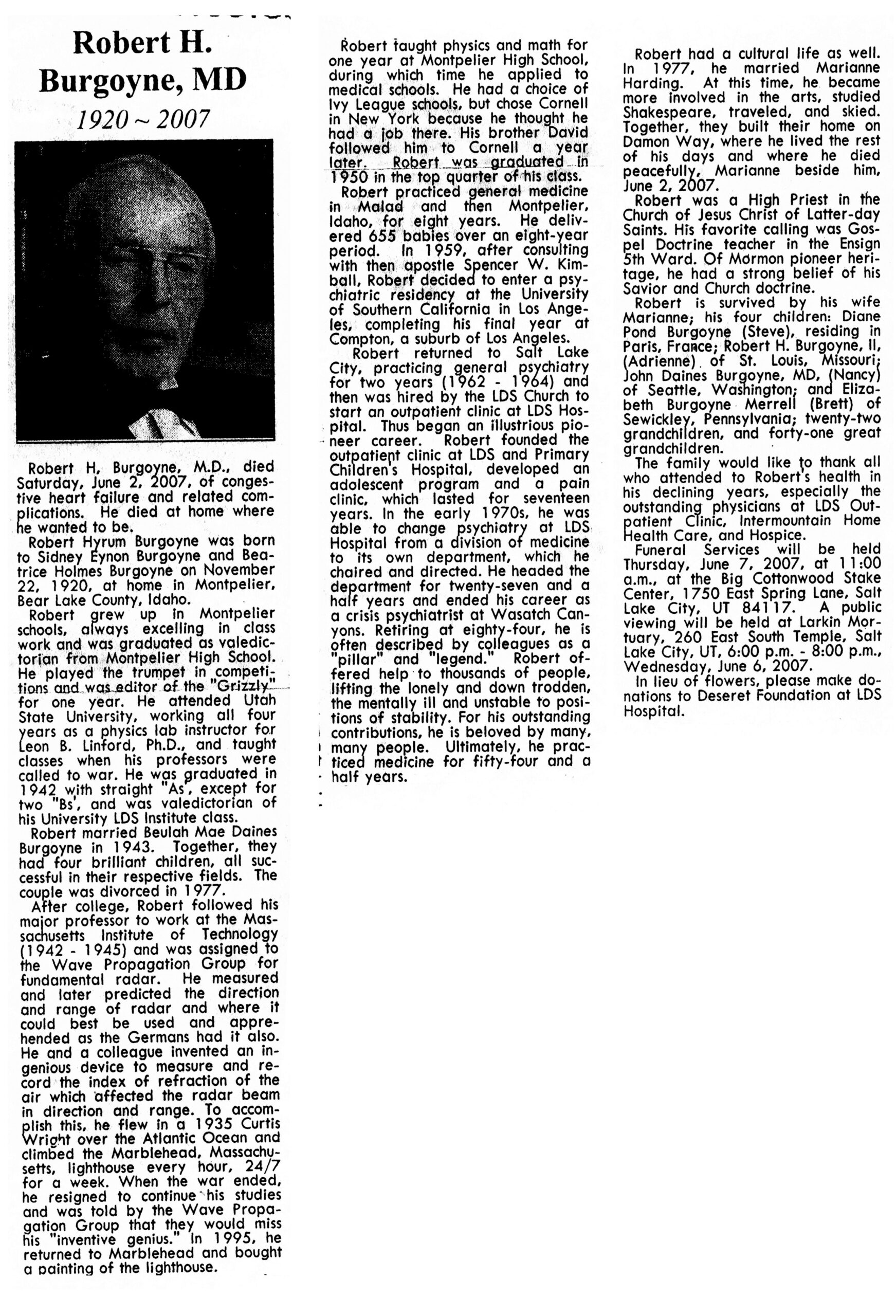 Robert H Burgoyne MD obit