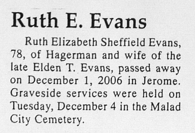 Ruth Elizabeth Sheffield Evans burial notice