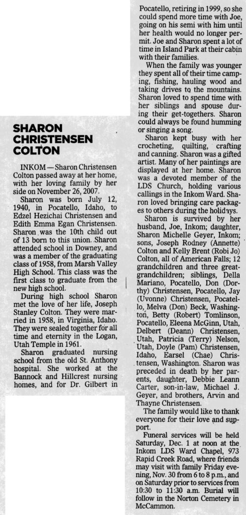 Sharon Christensen Colton obit
