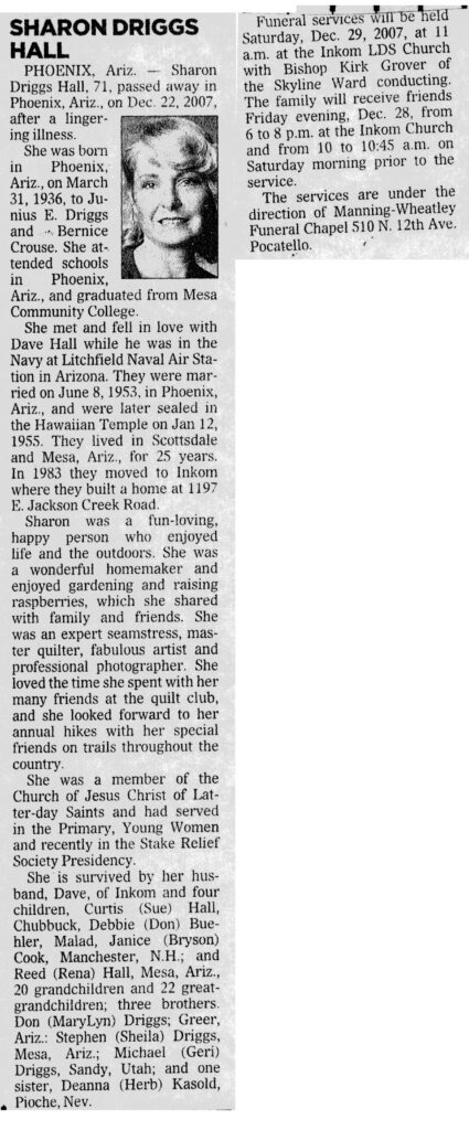 Sharon Driggs Hall obit