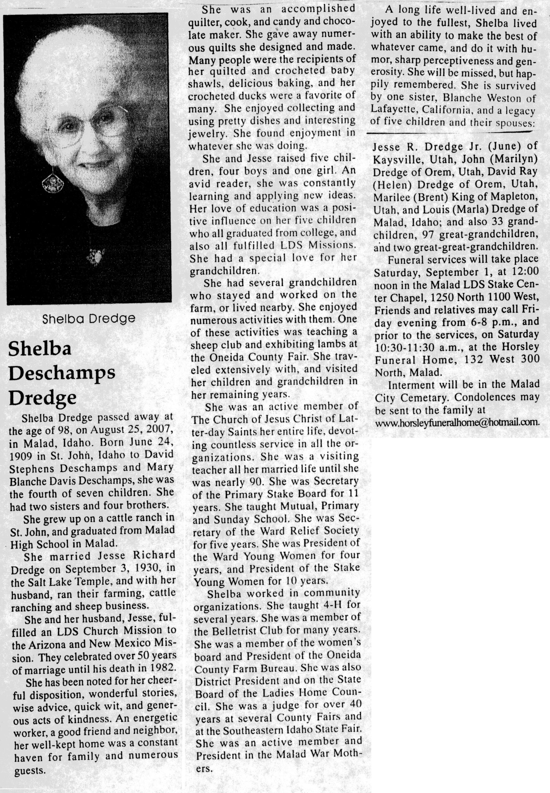 Shelba Deschamps Dredge obit