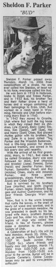 Sheldon F (Bud) Parker obit