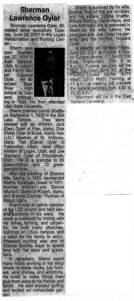 Sherman Lawrence Oyler obit