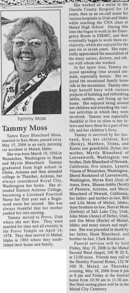 Tamra (Tammy) Kaye Blanchard Moss obit