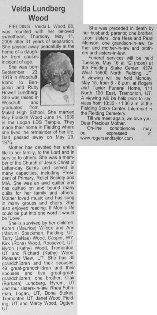 Velda Lundberg Wood obit