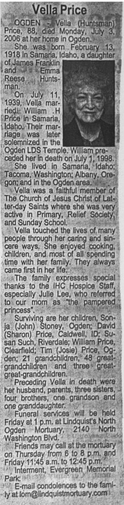 Vella Huntsman Price obit