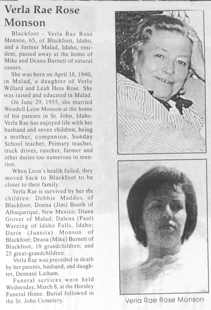 Verla Rae Rose Monson obit