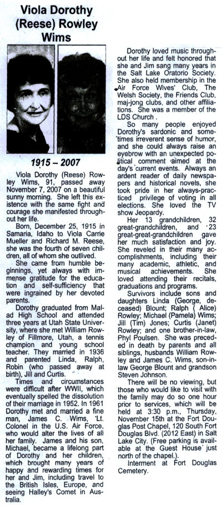 Viola Dorothy Reese Rowley Wims obit