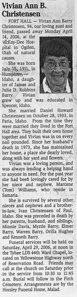 Vivian Ann Barry Christensen obit