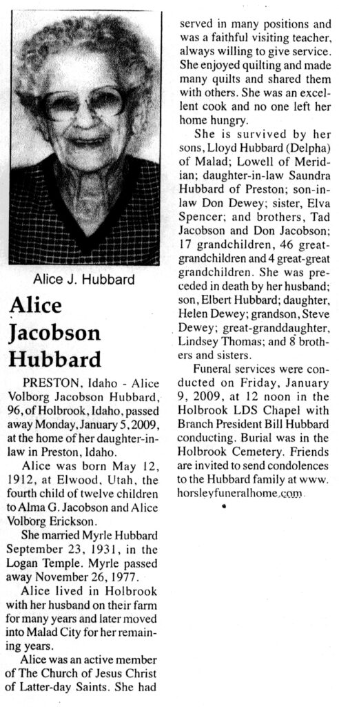 Alice Volborg Jacobson Hubbard obit