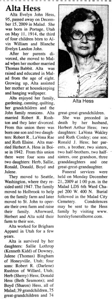 Alta Evelyn John Hess obit