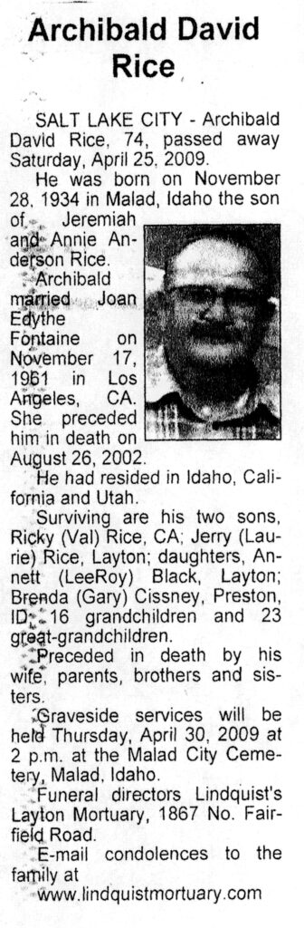 Archibald David Rice obit
