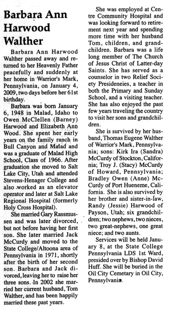 Barbara Ann Harwood Walther obit
