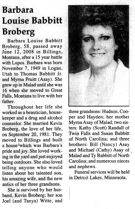 Barbara Louise Babbitt Broberg obit