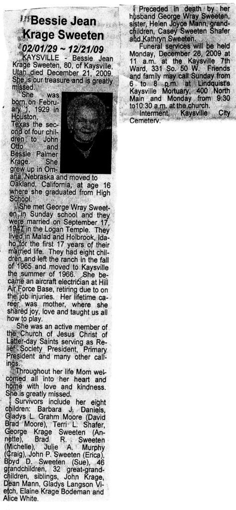 Bessie Jean Krage Sweeten obit