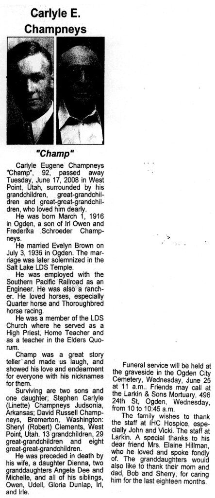 Carlyle Eugene (Champ) Champneys obit