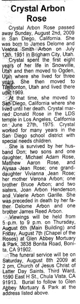 Crystal Arbon Rose obit