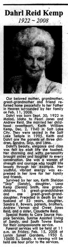 Dahrl Reid Kemp obit