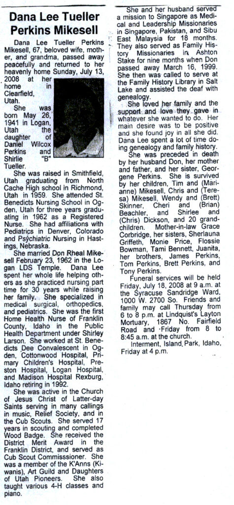 Dana Lee Tueller Perkins Mikesell obit