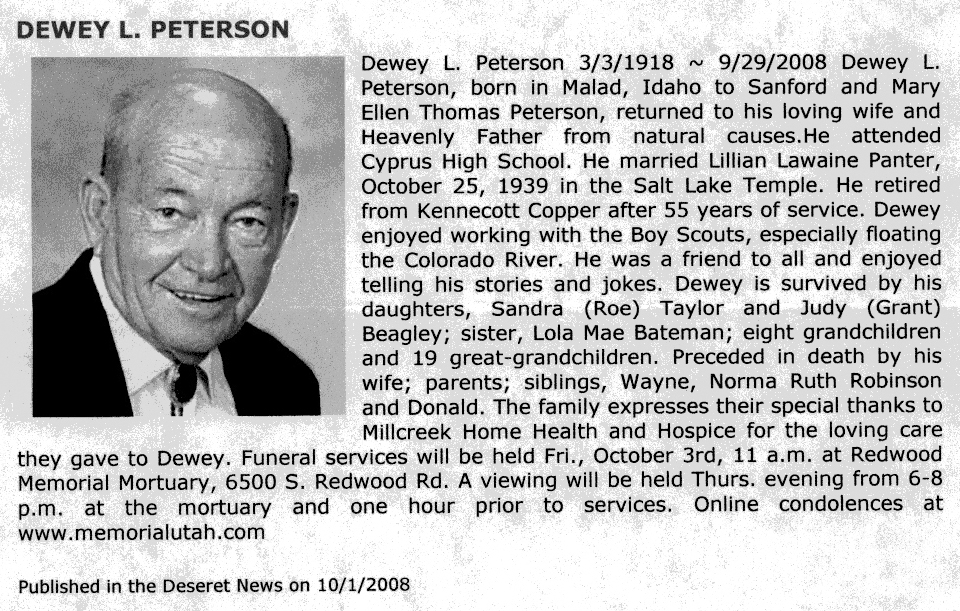 Dewey L Peterson obit