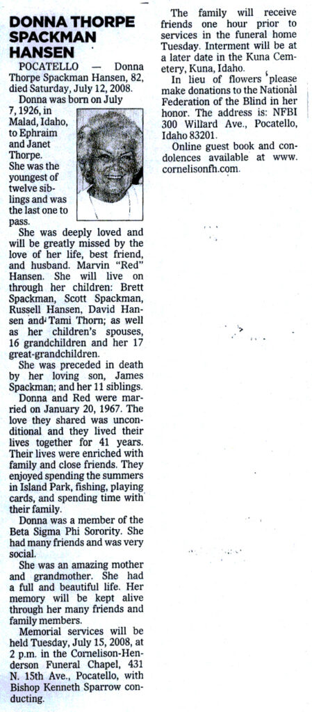 Donna Thorpe Spackman Hansen obit