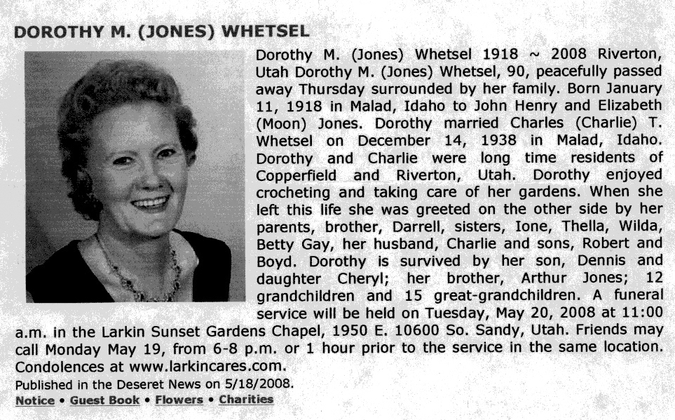 Dorothy M Jones Whetsel obit
