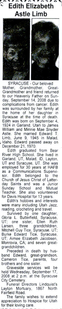 Edith Elizabeth Astle Limb obit
