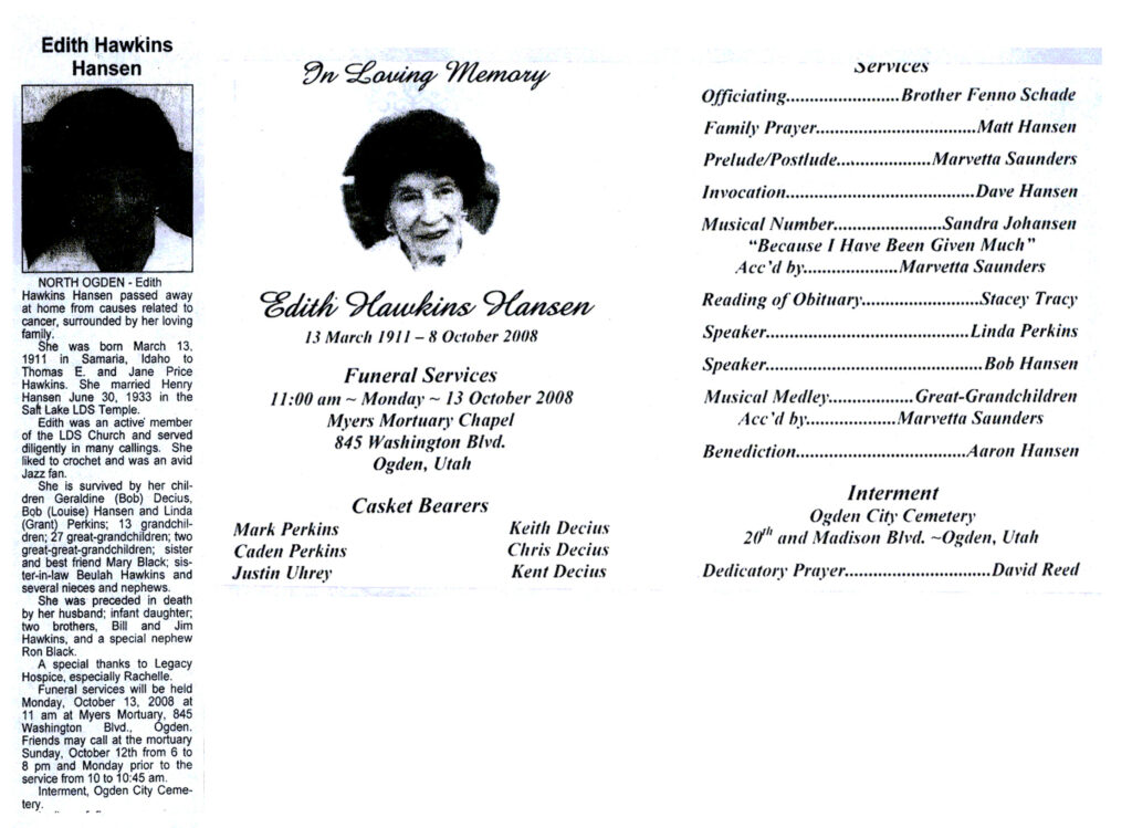 Edith Hawkins Hansen obit