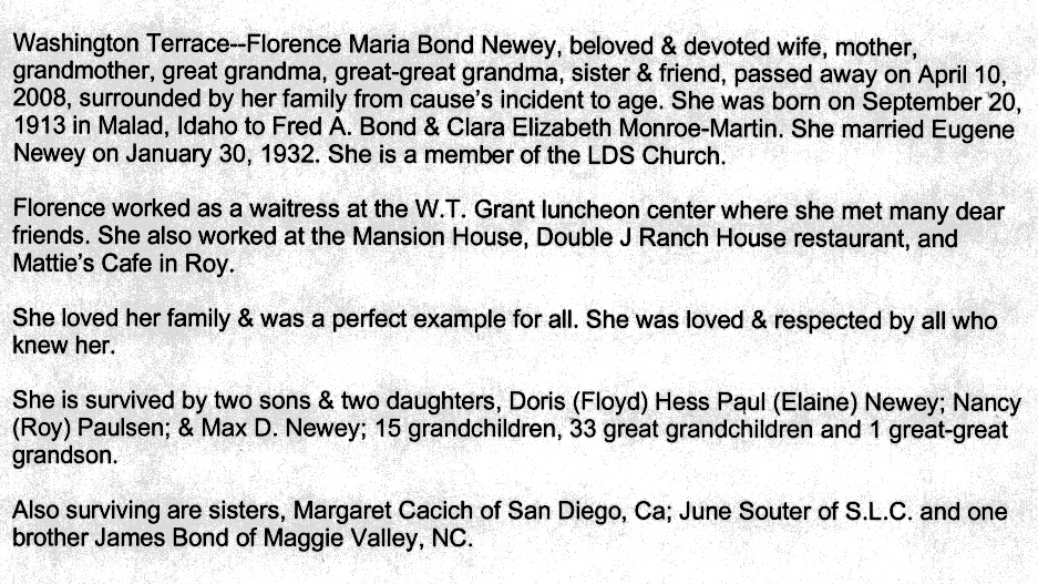 Florence Maria Bond Newey obit