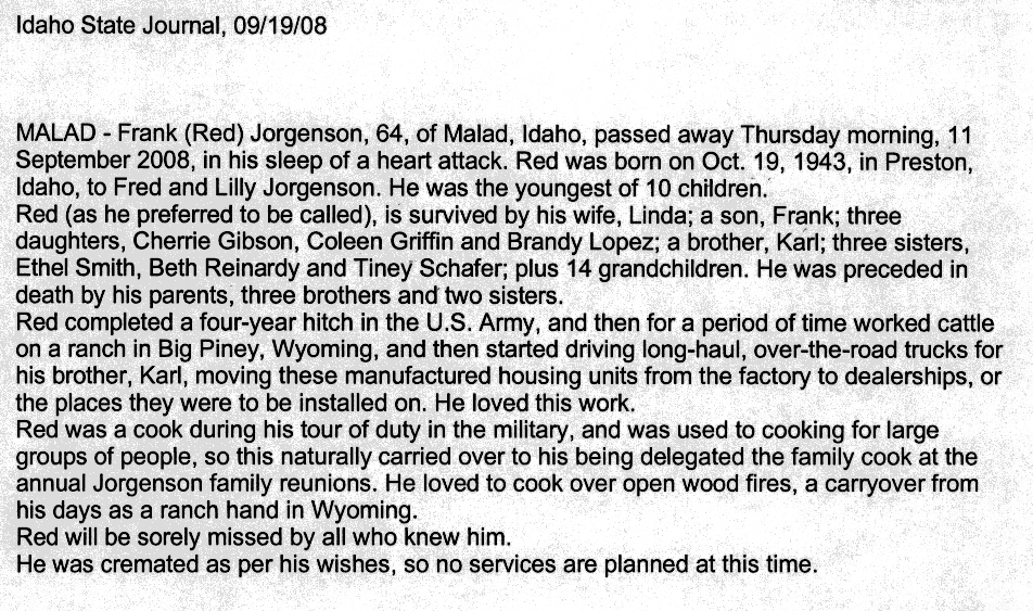 Frank (Red) Jorgenson obit